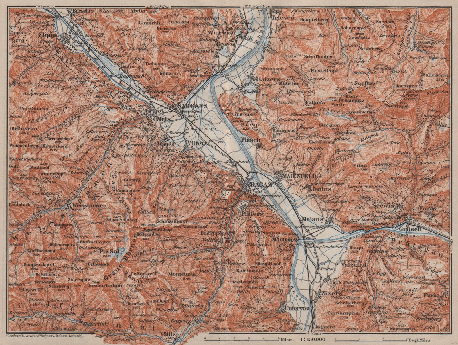 BAD RAGAZ. Malbun Flums Wangs Pizol Sargans Grusch Malans Maienfeld 1905 map